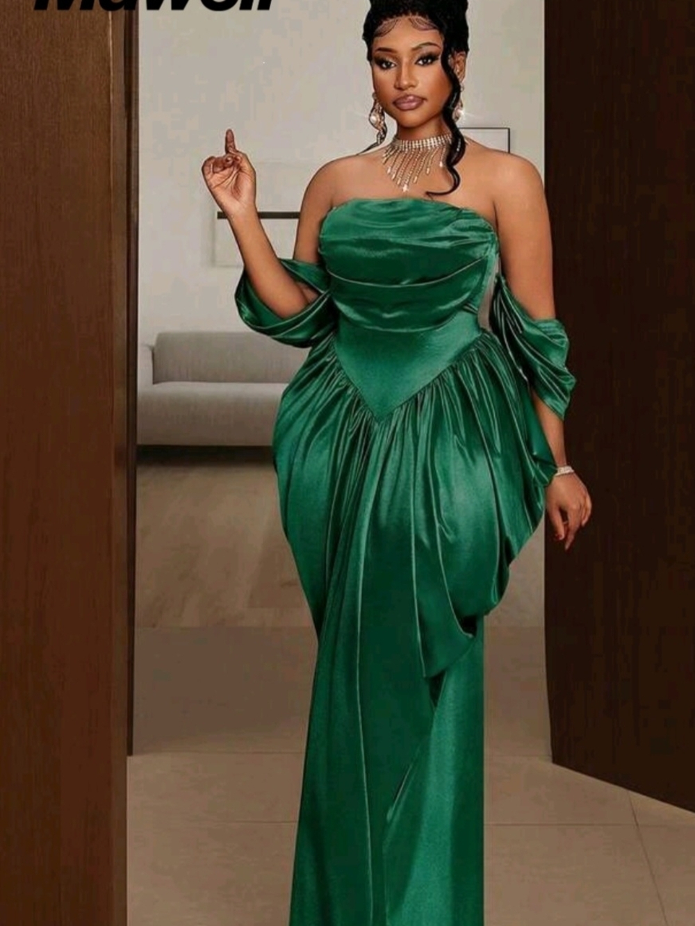 SHEIN Emerald Green Strapless Satin Evening Dress